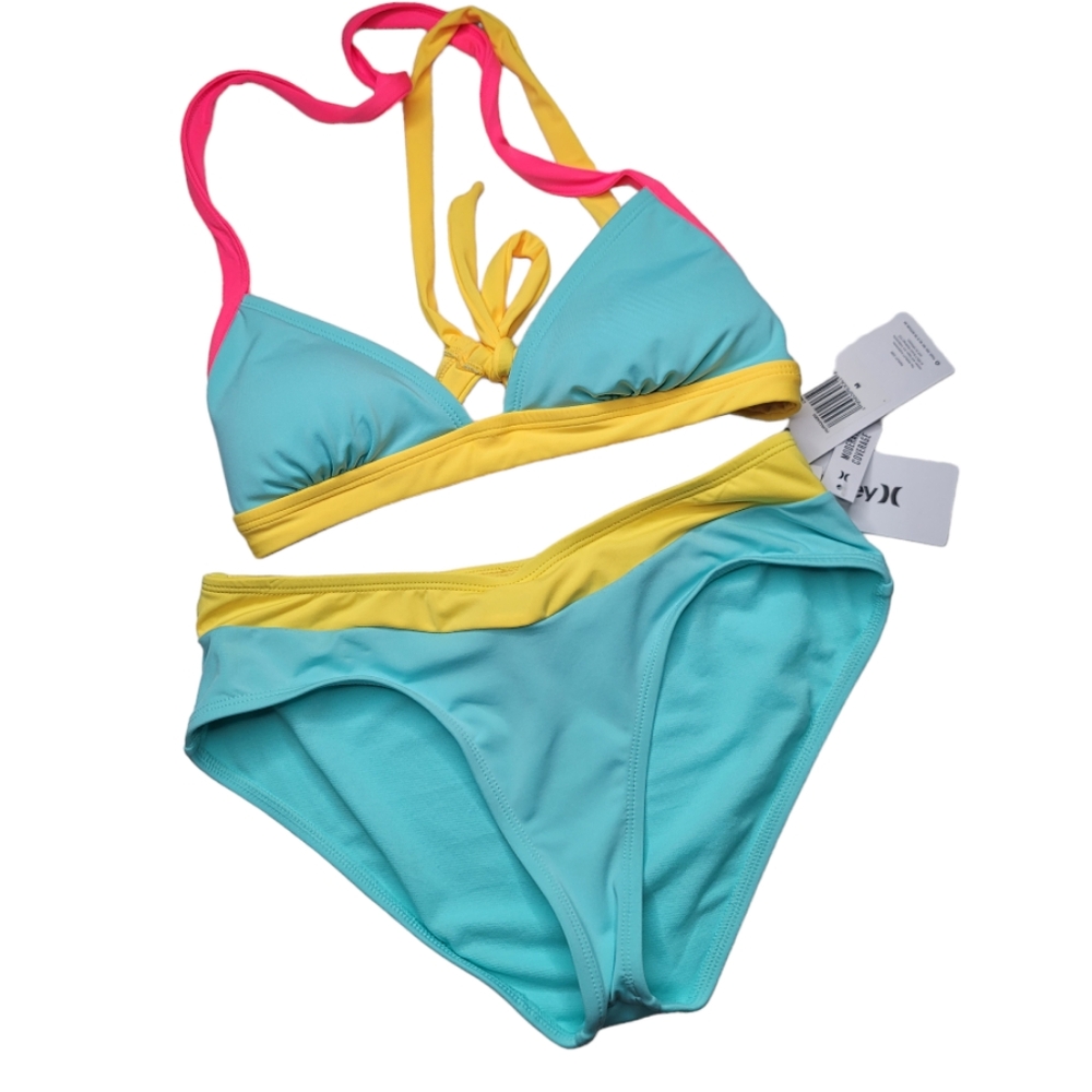 HURLEY NEW Color Block Triangle Bikini Top & V Bottoms Size Medium